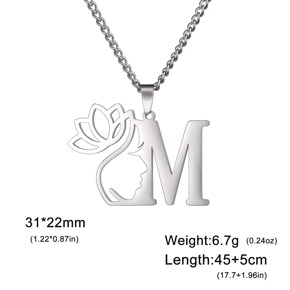 Lotus Flower Initial Letter Pendant, Personalized Stainless Steel Necklace
