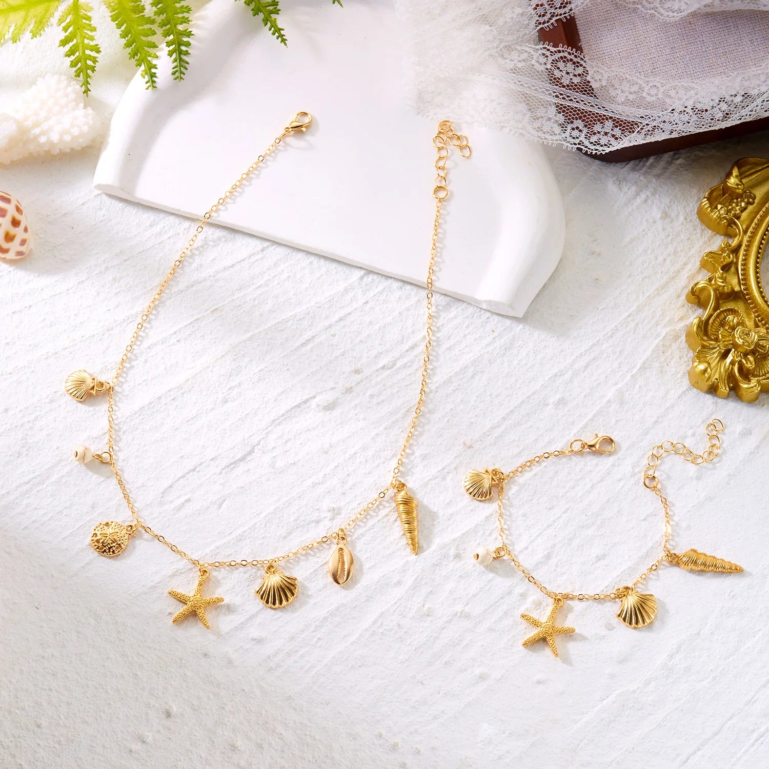 Blue Starfish and Scallop Shell Layered Choker Necklace