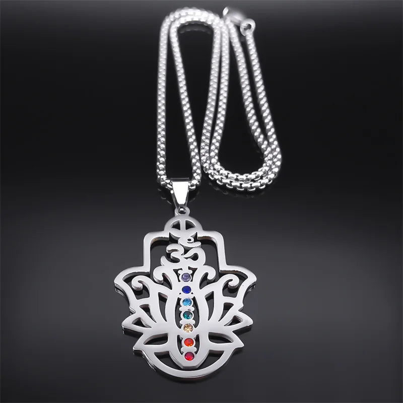 Seven Chakra Om Lotus Flower Pendant Necklace, Stainless Steel Yoga Healing Amulet