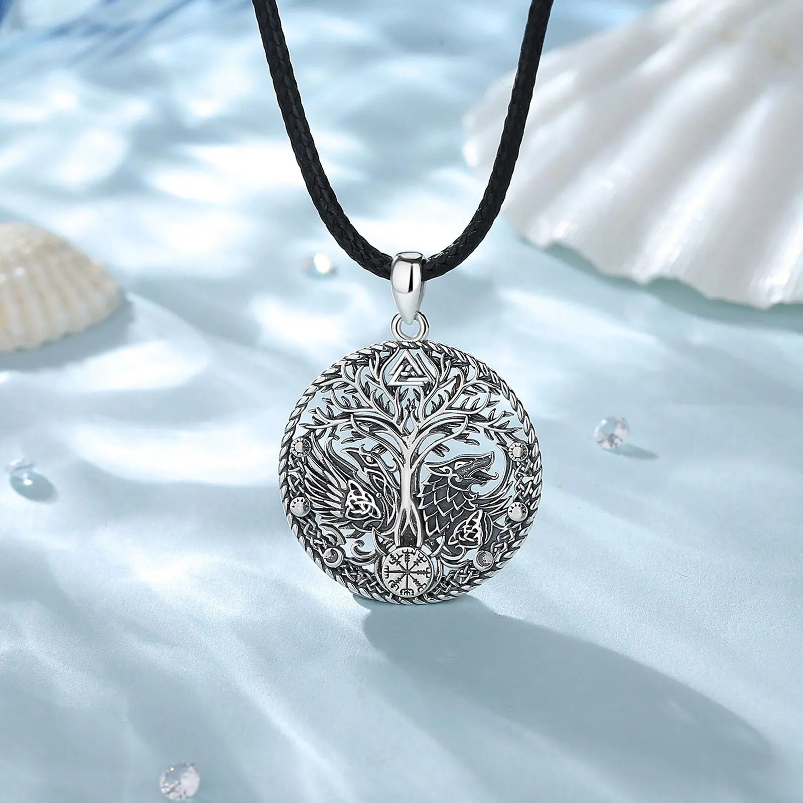S925 Sterling Silver Viking Raven Wolf Pendant Necklace, Celtic Knot Tree of Life Compass Amulet