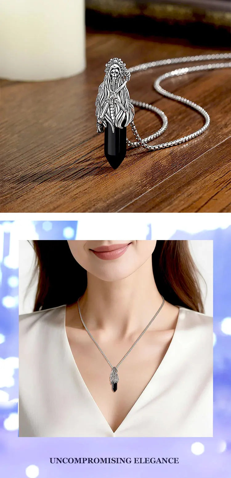 Natural Obsidian Santa Muerte Pendant Necklace, Holy Death Healing Crystal Devotional Amulet