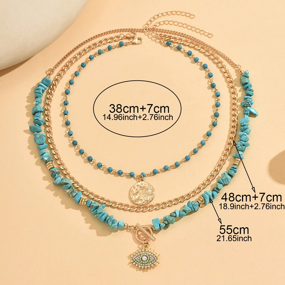 Turquoise Chip Evil Eye Moon Layered Set Jewelry