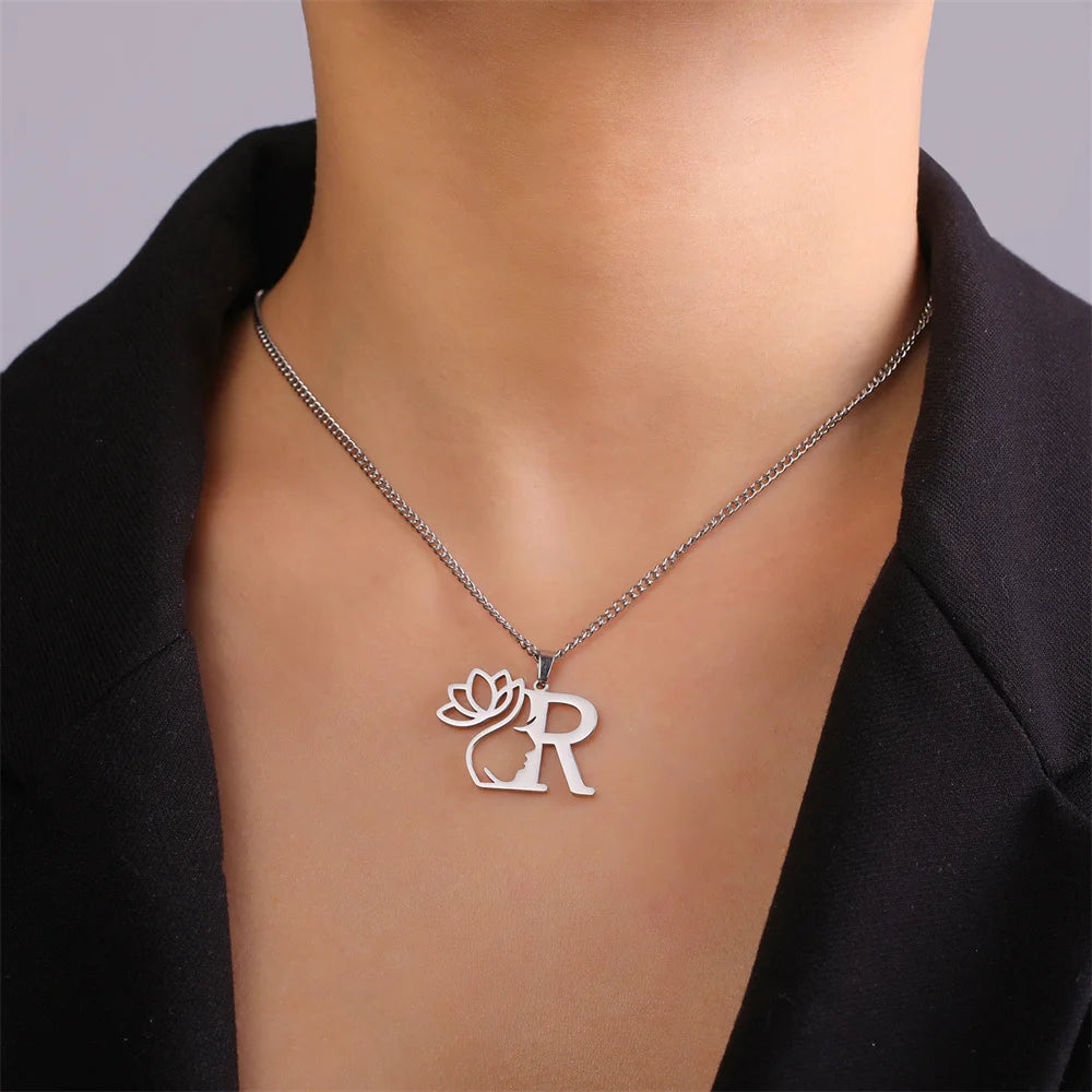 Lotus Flower Initial Letter Pendant, Personalized Stainless Steel Necklace