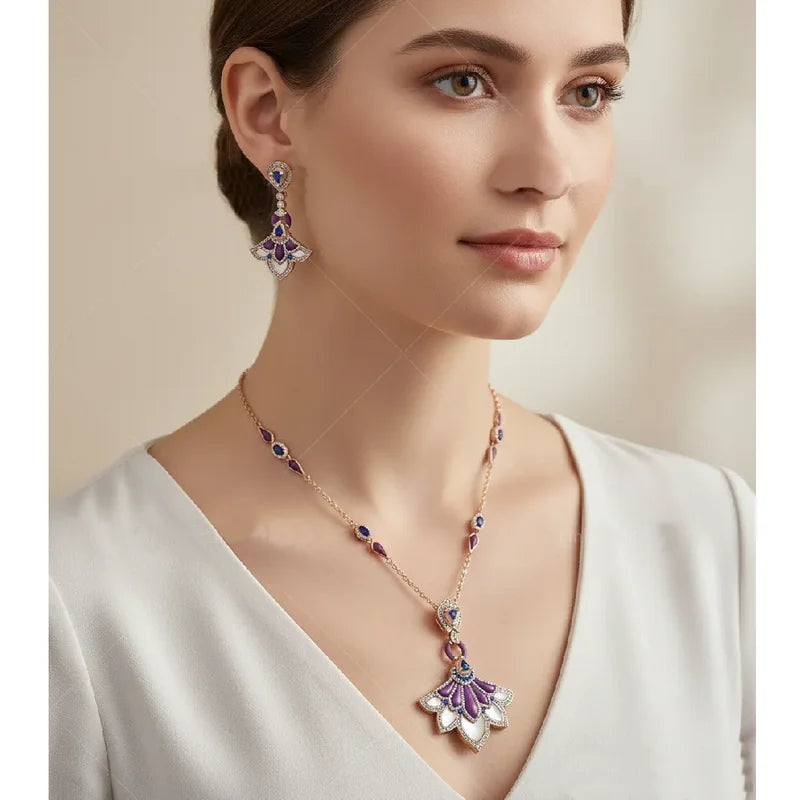 Designer Collection Stud Earrings Necklace Women Lady Inlay Cubic Zircon Mother Of Pearl Lapis Lazuli Dinner Party Jewelry Set - Charlie Dolly