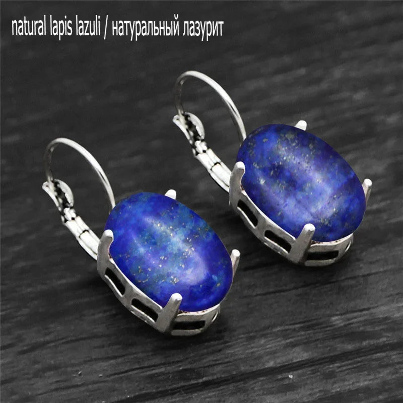 Vintage Natural Lapis Lazuli Tiger Eye Claw Cuff Earrings For Women Antique Silver Plated Natural Stone Unakite Fashion Earring - Charlie Dolly