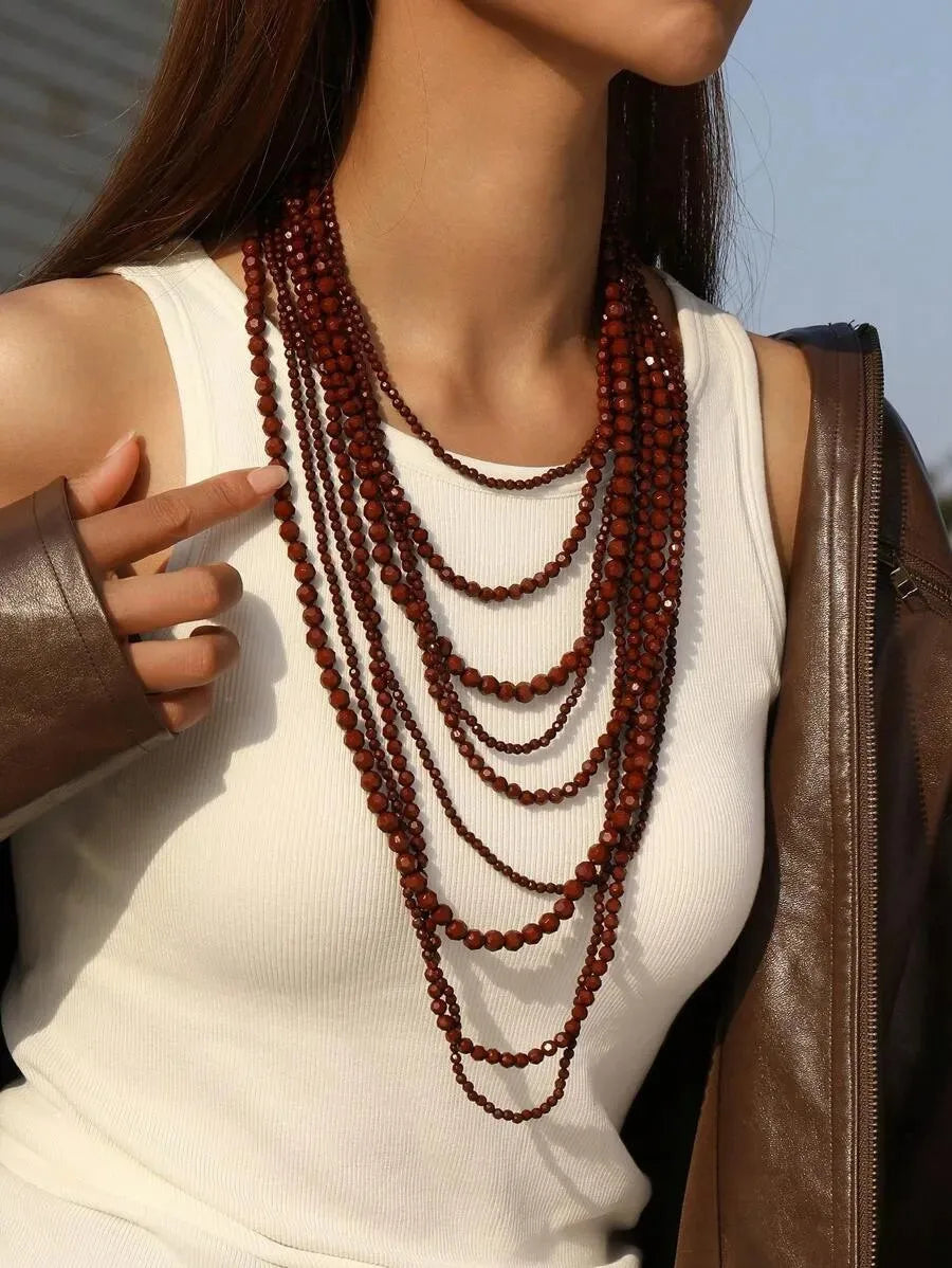 Acrylic Bead Layered Long Necklace Set Jewelry