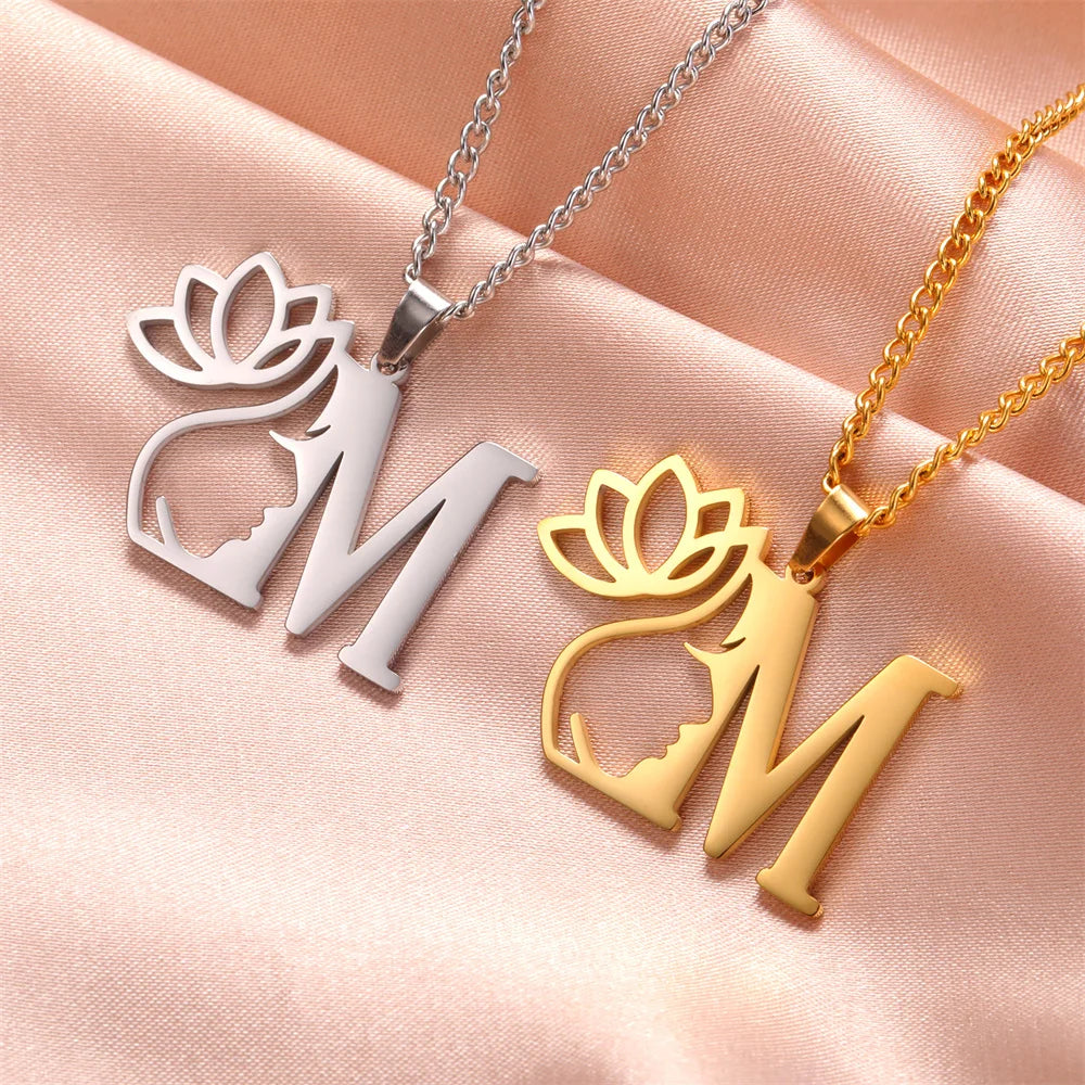 Lotus Flower Initial Letter Pendant, Personalized Stainless Steel Necklace