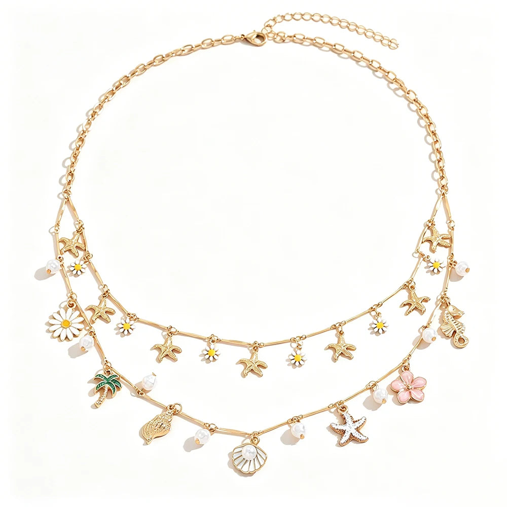 Daisy Starfish Pearl Double Layer Necklace Jewelry