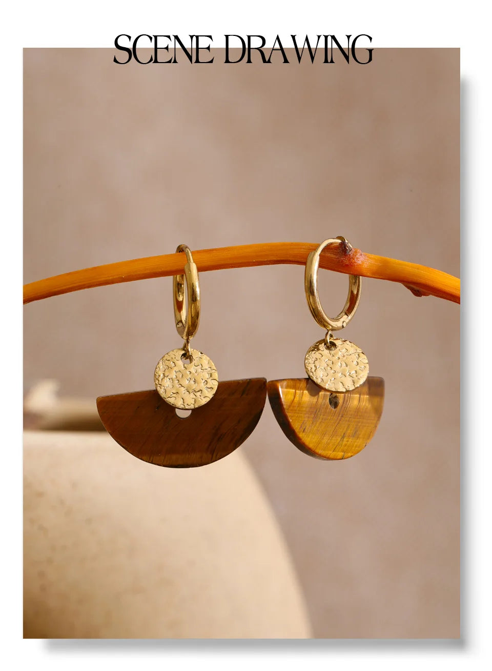 Natural Stone Fan Drop Hoop Earrings, Tiger Eye Agate French Stainless Steel Jewelry