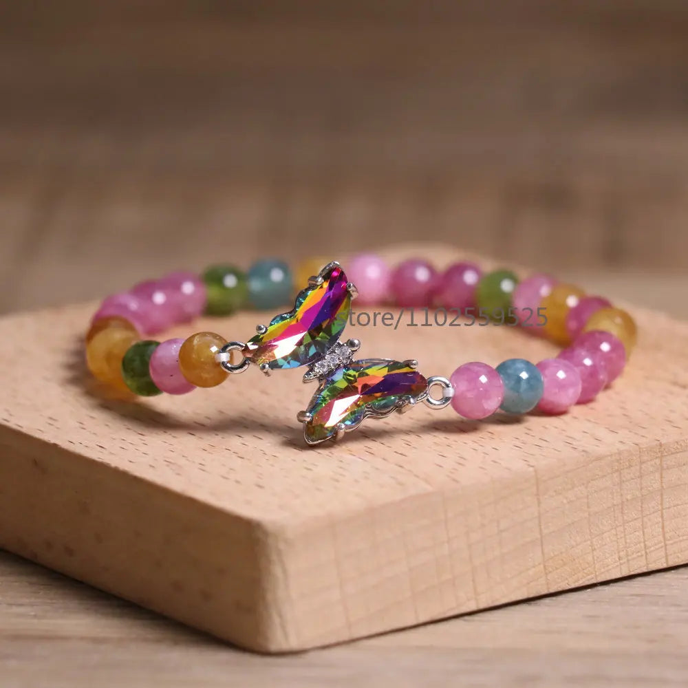 Natural Rainbow tourmaline Agate Beaded Bracelet Adjustable Butterfly Charm Bracelet Women Boho Chic Stackable Jewelry Gift - Charlie Dolly