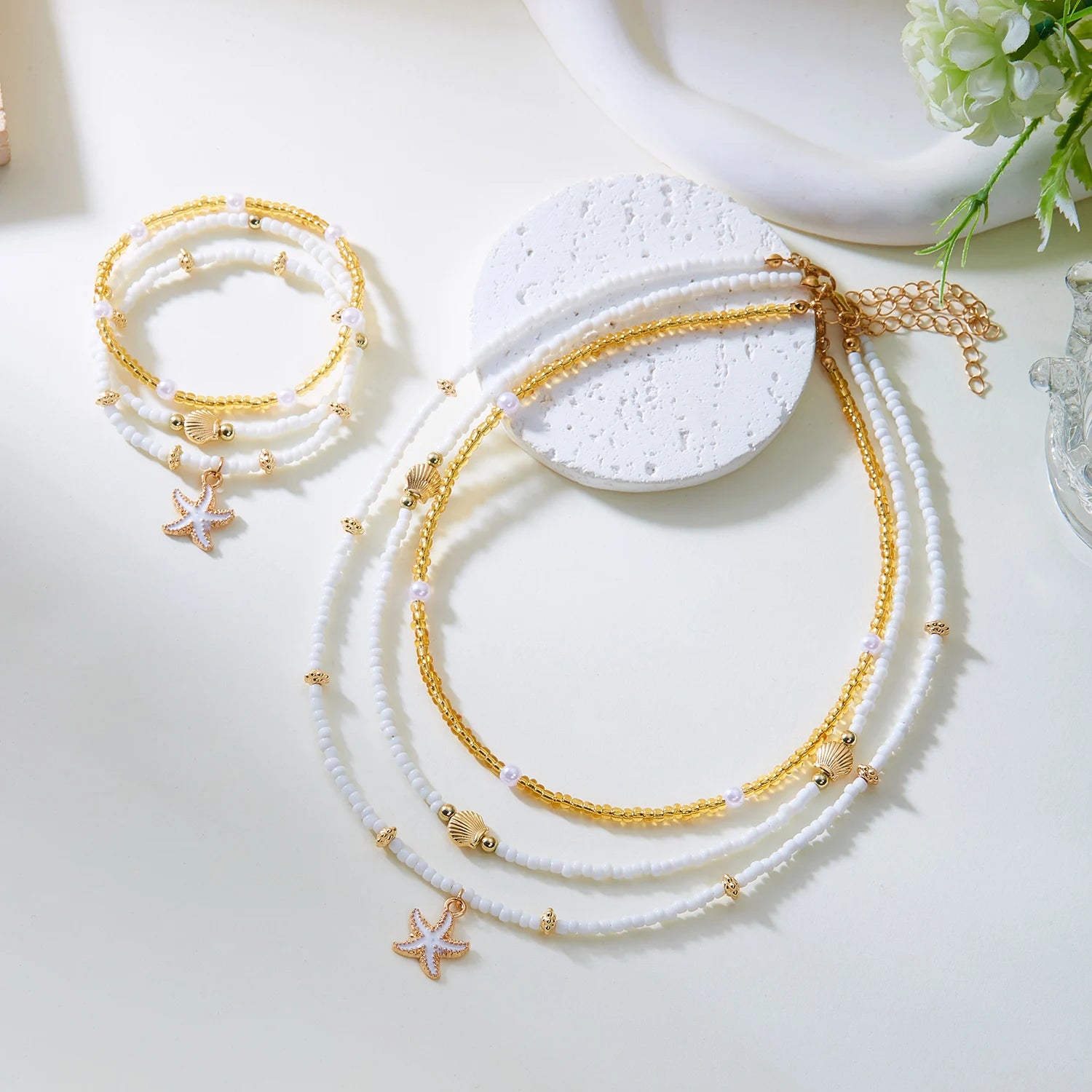 Ocean Layered Starfish and Shell Beaded Necklace Set
