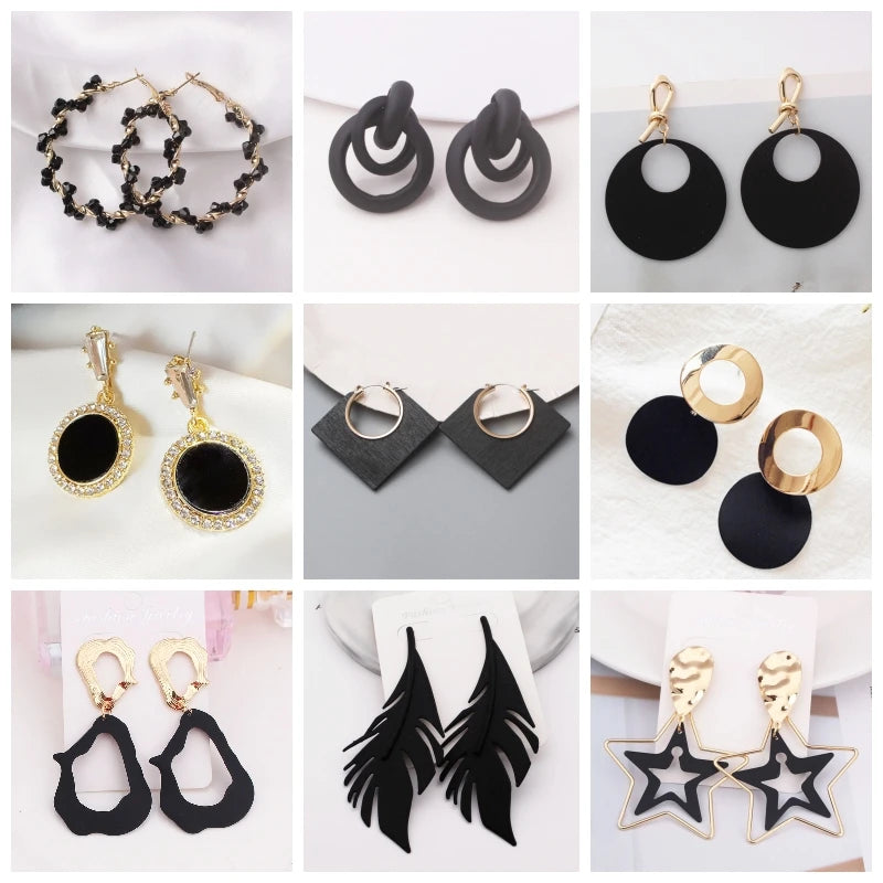 Black Leaf Pearl Crystal Long Earrings Jewelry