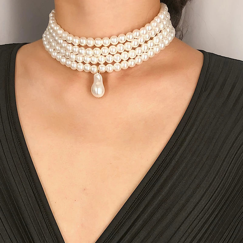 Baroque Pearl Layered Strand Boho Choker Wedding Necklace