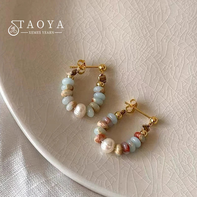 Natural Stone & Pearl Beaded Drop Earrings, Vacation Boho Summer Jewelry