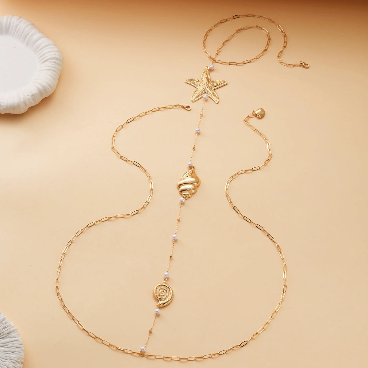 Gold Starfish, Shell and Pearl Backdrop Body Chain