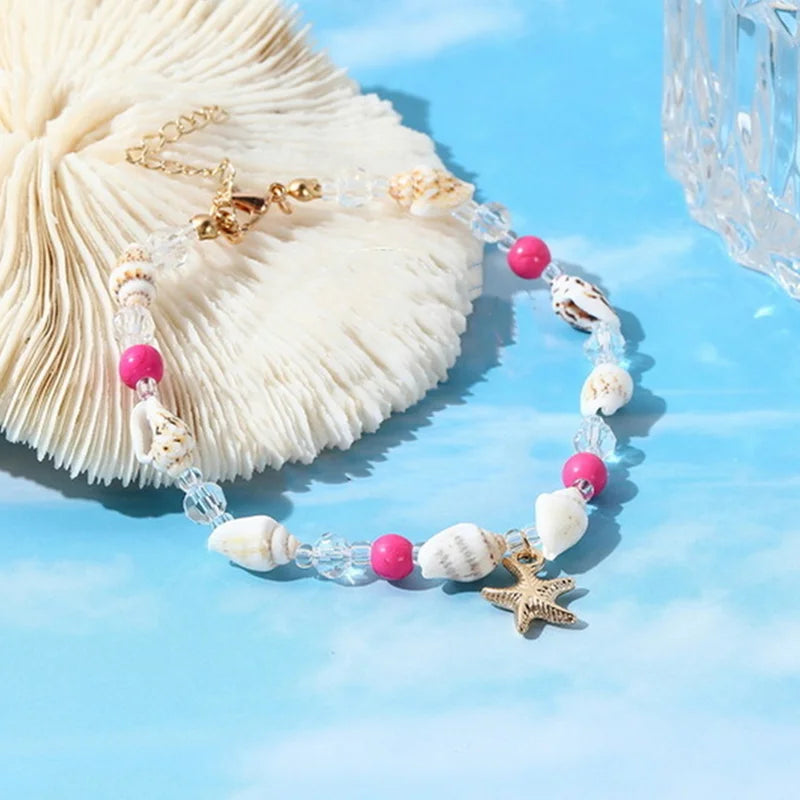 Shell and Starfish Rice Bead Handmade Boho Anklet