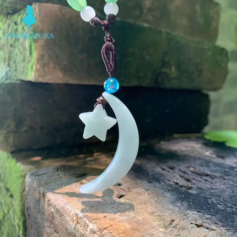 Grade A Natural Myanmar Jade Star Moon Pendant Necklace, Lucky Talisman