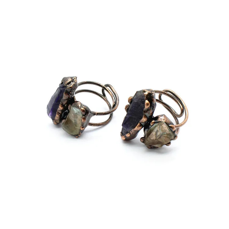 Natural Gem Raw Stone Amethyst Ring Crystal Bronze Plated Citrine Green Fluorite Boho Vintage Fashion For Women's Jewelry Gifts - Charlie Dolly