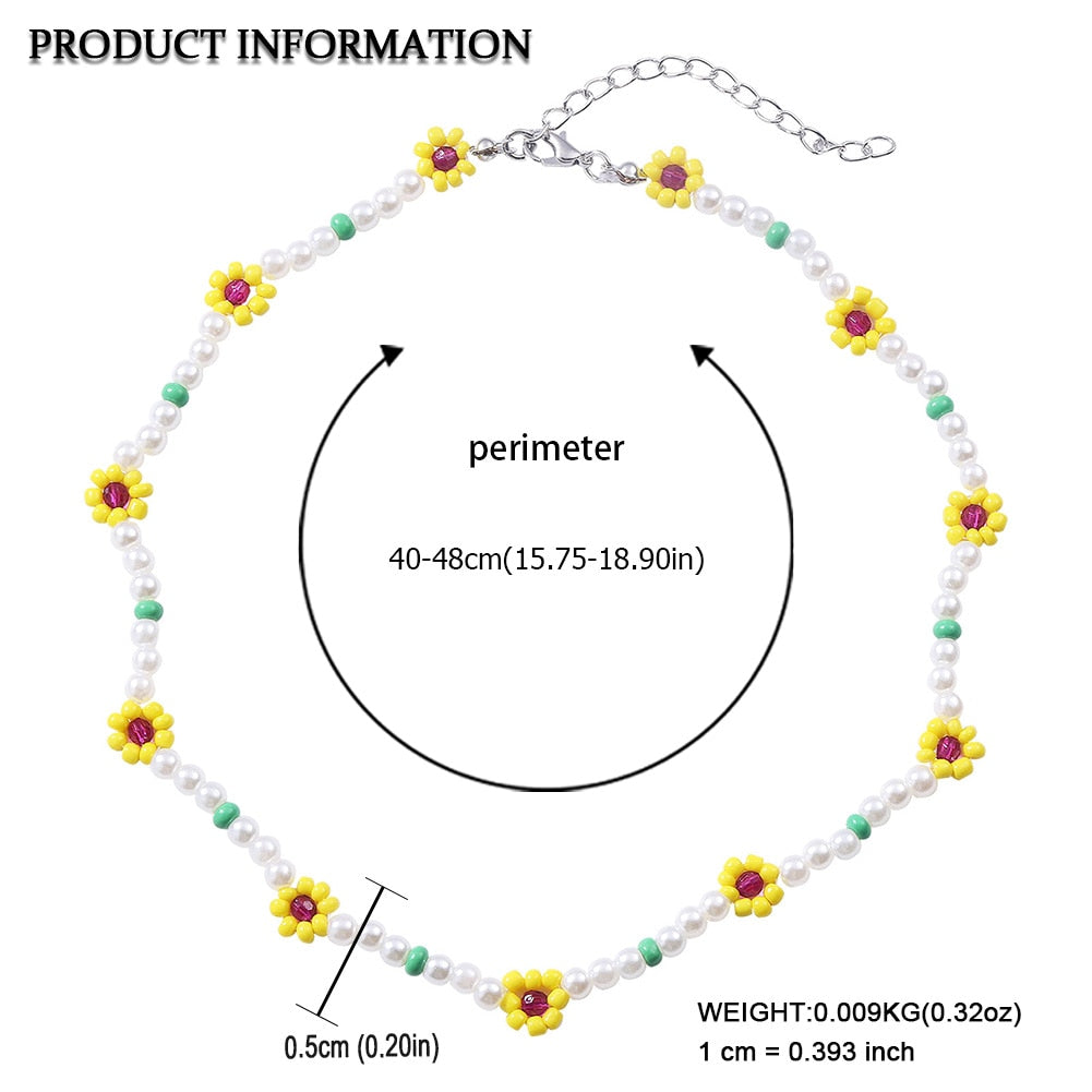 Dvacaman Boho Handmade Sunflower Beaded Necklace For Women Fashion White Imitation Pearl Choker Necklace INS Jewelry Accessories