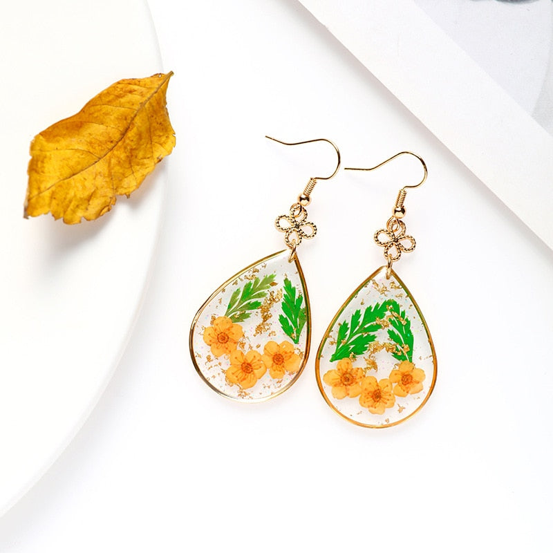 Creative Real Flower Earring Unique Round Dried Flower Drop Earrings Real Floral Sweet Earring For Women Gifts Summer Jewelry