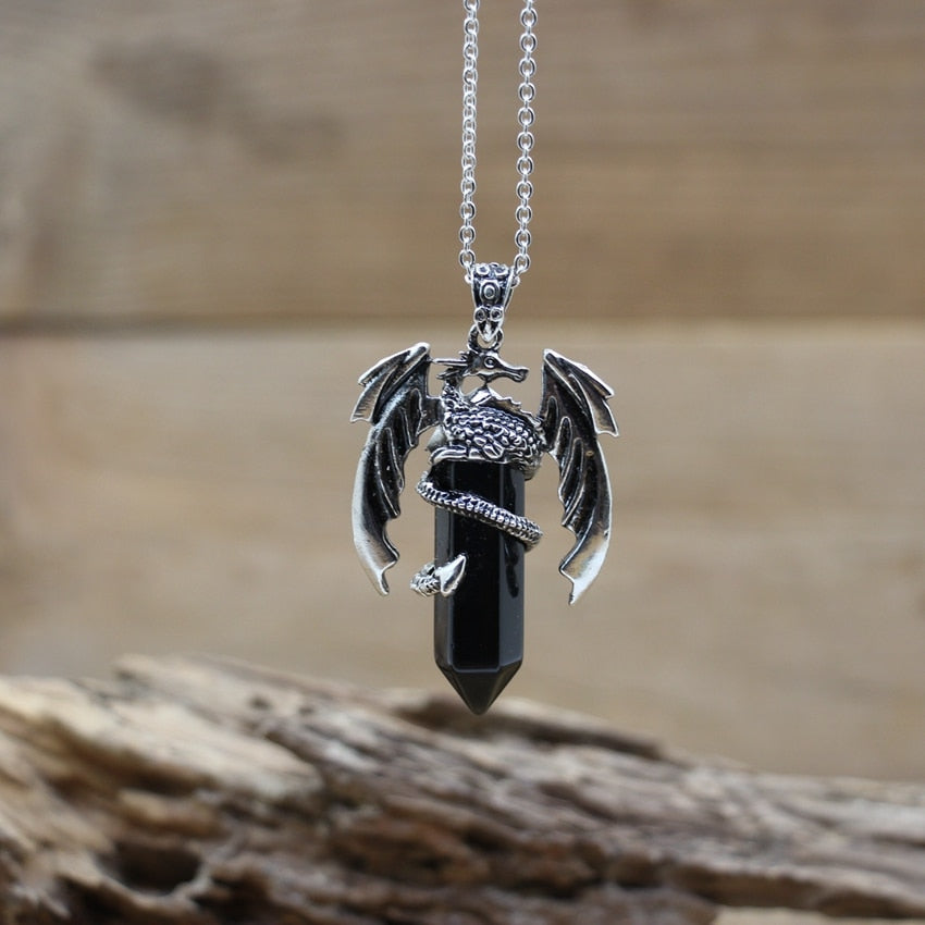 Quartz Dragon Man Necklace Gem Stone Healing Crystal Hexagonal Pendant Lapis Amethysts Animal Vintage Jewelry for Women