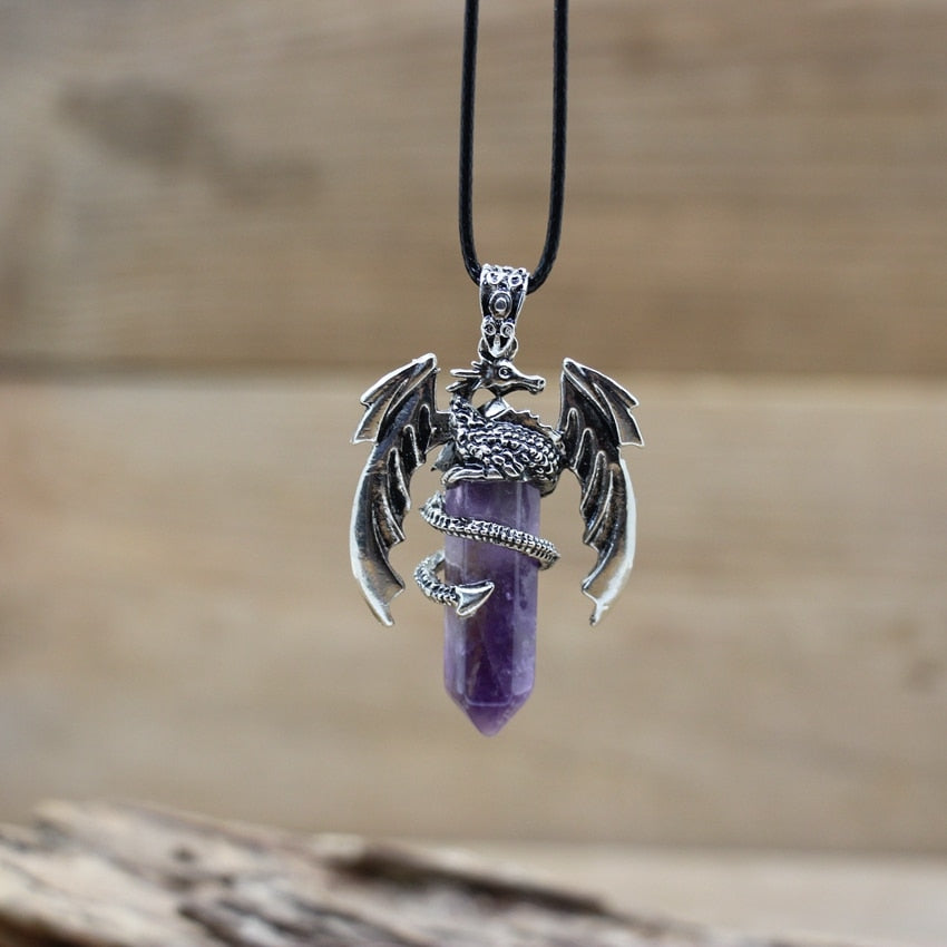 Quartz Dragon Man Necklace Gem Stone Healing Crystal Hexagonal Pendant Lapis Amethysts Animal Vintage Jewelry for Women