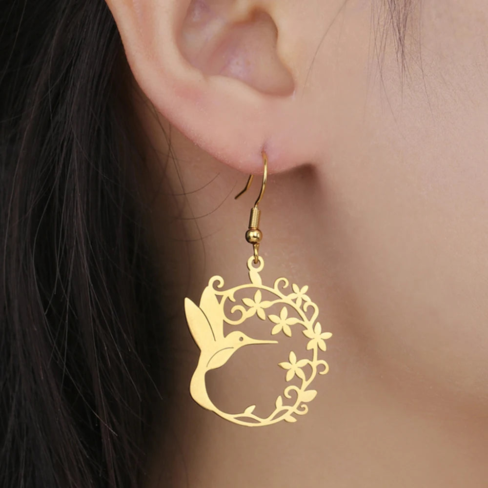 Hummingbird Filigree Flower Dangle Earrings Jewelry