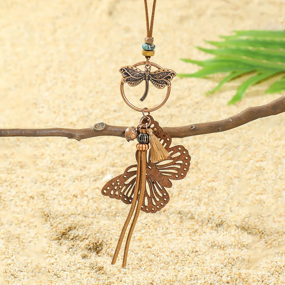Wood Flower Bead Leaf Tassel Long Necklace Jewelry