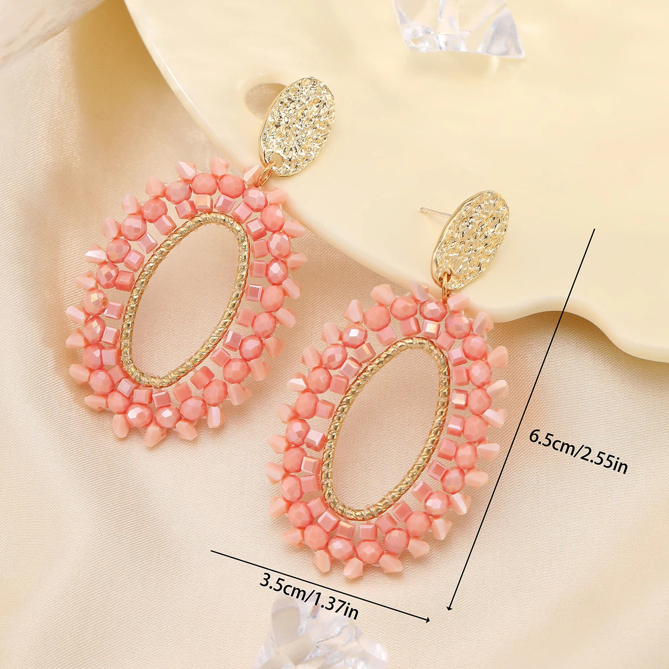 Oval Crystal Bead Big Long Drop Earrings Jewelry