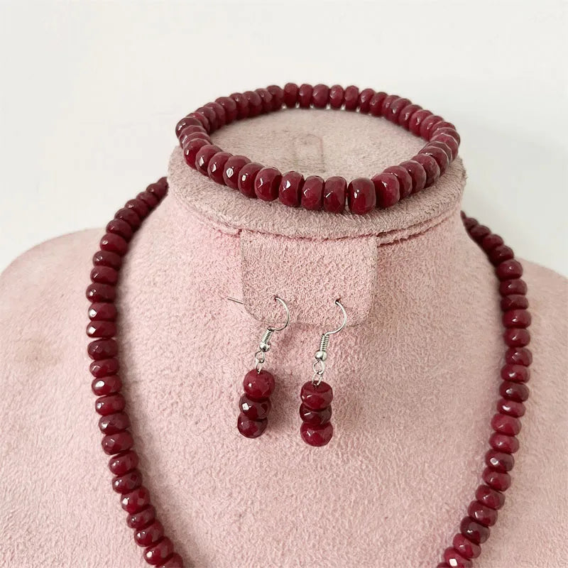 Faceted 5*8MM Deep Red Ruby Natural Stone Jewelry Sets Bead Necklace Earrings Bracelet Chain Choker Simple Design Party Boho - Charlie Dolly
