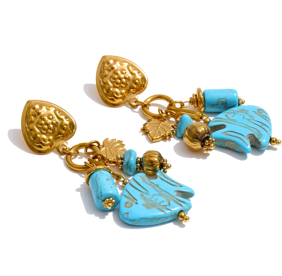 Blue Stone Fish Drop Earrings, 18K Gold Ocean Summer Stainless Steel Jewelry
