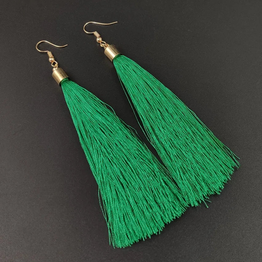 Silk Rose Flower Crystal Long Tassel Earrings Jewelry