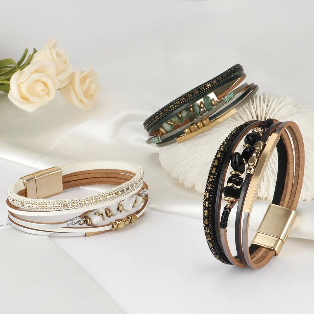 Layered Leather Stone Cuff Bracelet