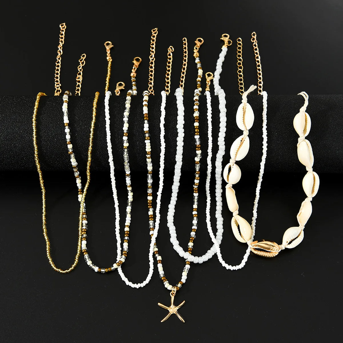 Starfish Conch Rice Bead Layered Necklace Set Jewelry
