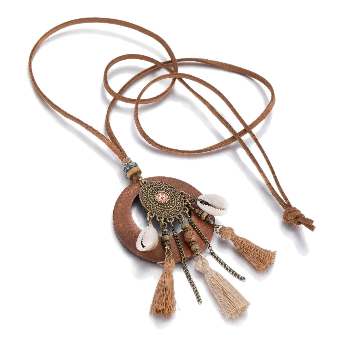 Wood Flower Bead Leaf Tassel Long Necklace Jewelry