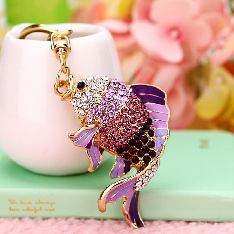 High-end zodiac little tiger car keychain female cute goldfish pendant metal key chain ring rhinestone gift