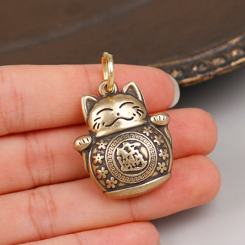 Pure Copper Lucky Cat Keychain DIY Jewelry Hanging Accessories Keyring Pendant Cute Animal Kitten Figure Keyring Pendant Childre