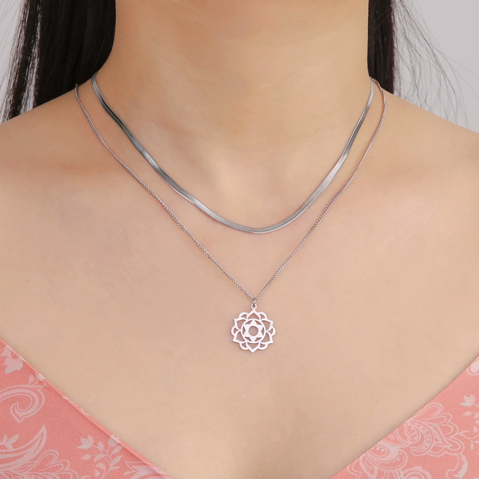 Yoga Lotus & Flower of Life Pendant Necklace, Stainless Steel Chakra Healing Amulet