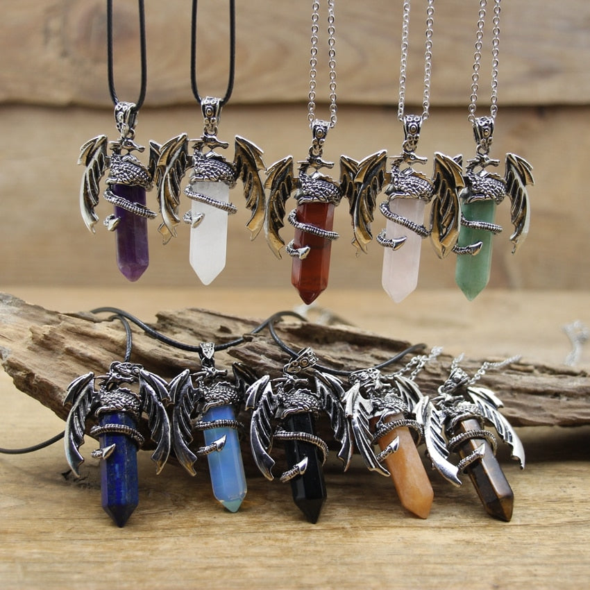 Quartz Dragon Man Necklace Gem Stone Healing Crystal Hexagonal Pendant Lapis Amethysts Animal Vintage Jewelry for Women