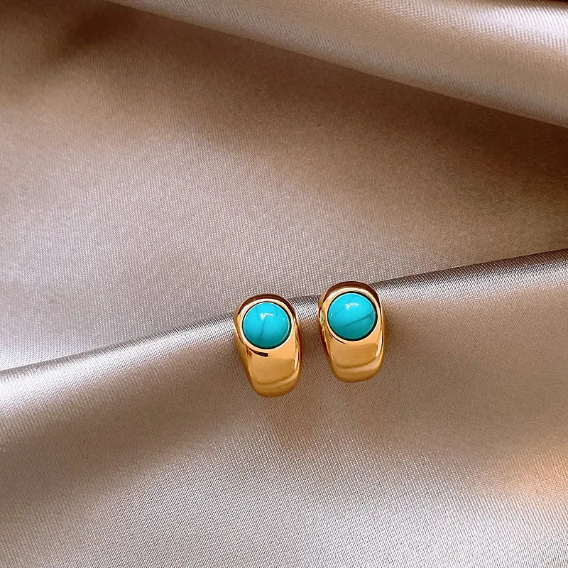 Natural Turquoise Curved Earrings, Gold Copper Casual Elegant Boho Jewelry