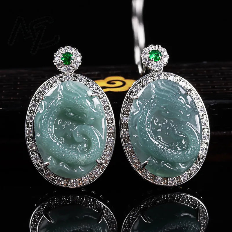 925 Silver Burmese Blue Water Jadeite Dragon Pendant Necklace, Ice Seed Sacred Amulet