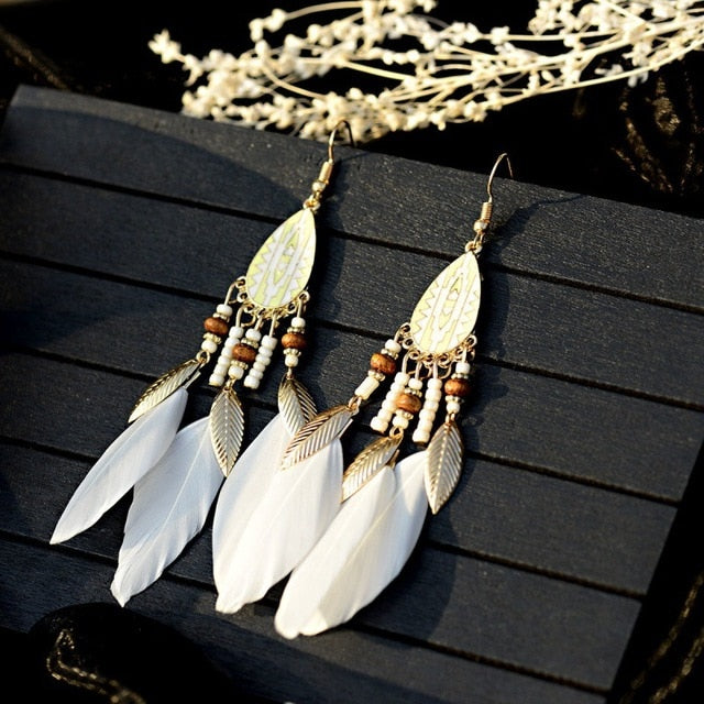 Vintage Bohemian Ethnic Style Earrings Long Rice Bead Tassel Earrings FOR WOMEN Alloy Dripping Oil Long Tassel Earrings - Charlie Dolly
