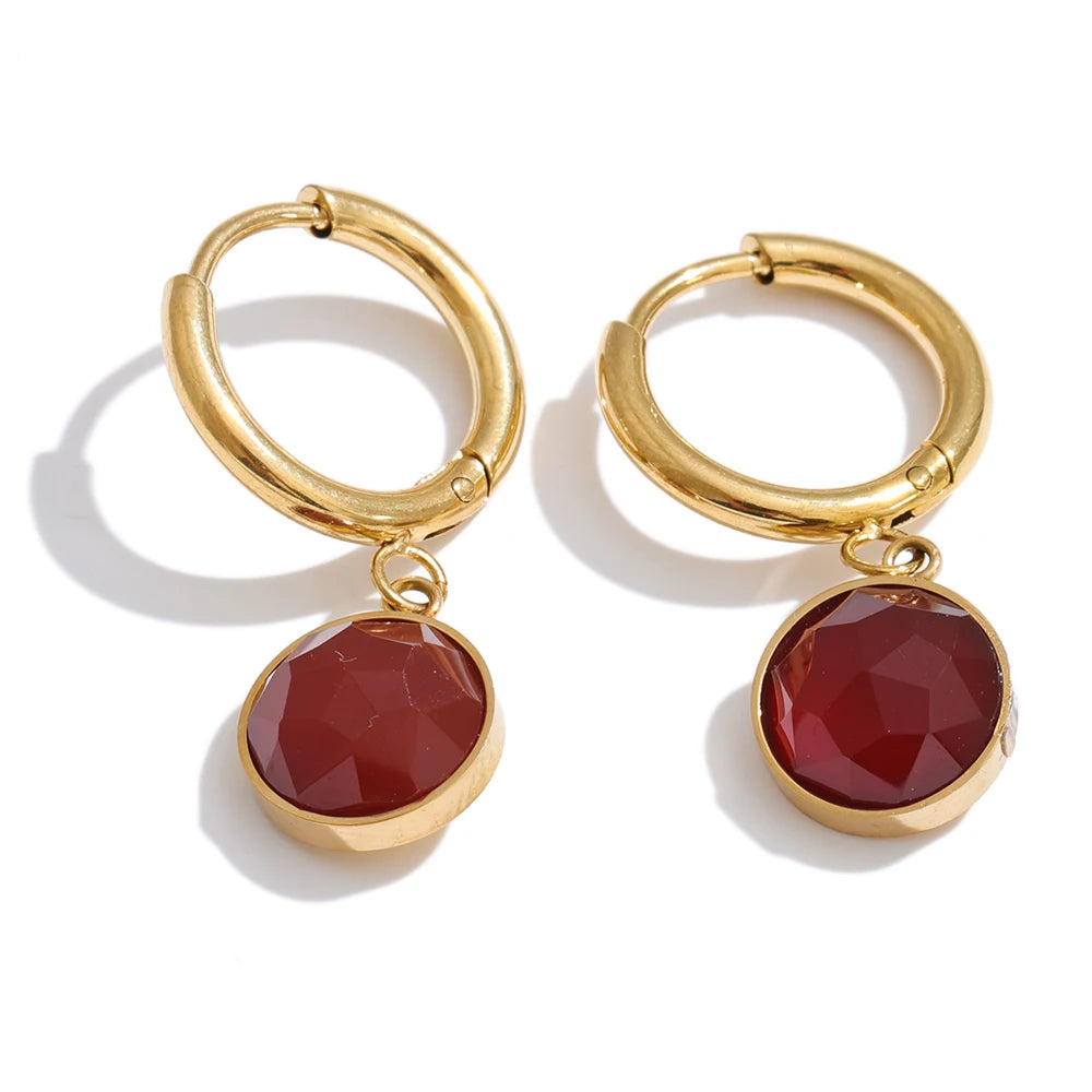 Natural Stone Round Drop Earrings, Tiger Eye Red Agate Stainless Steel Jewelry
