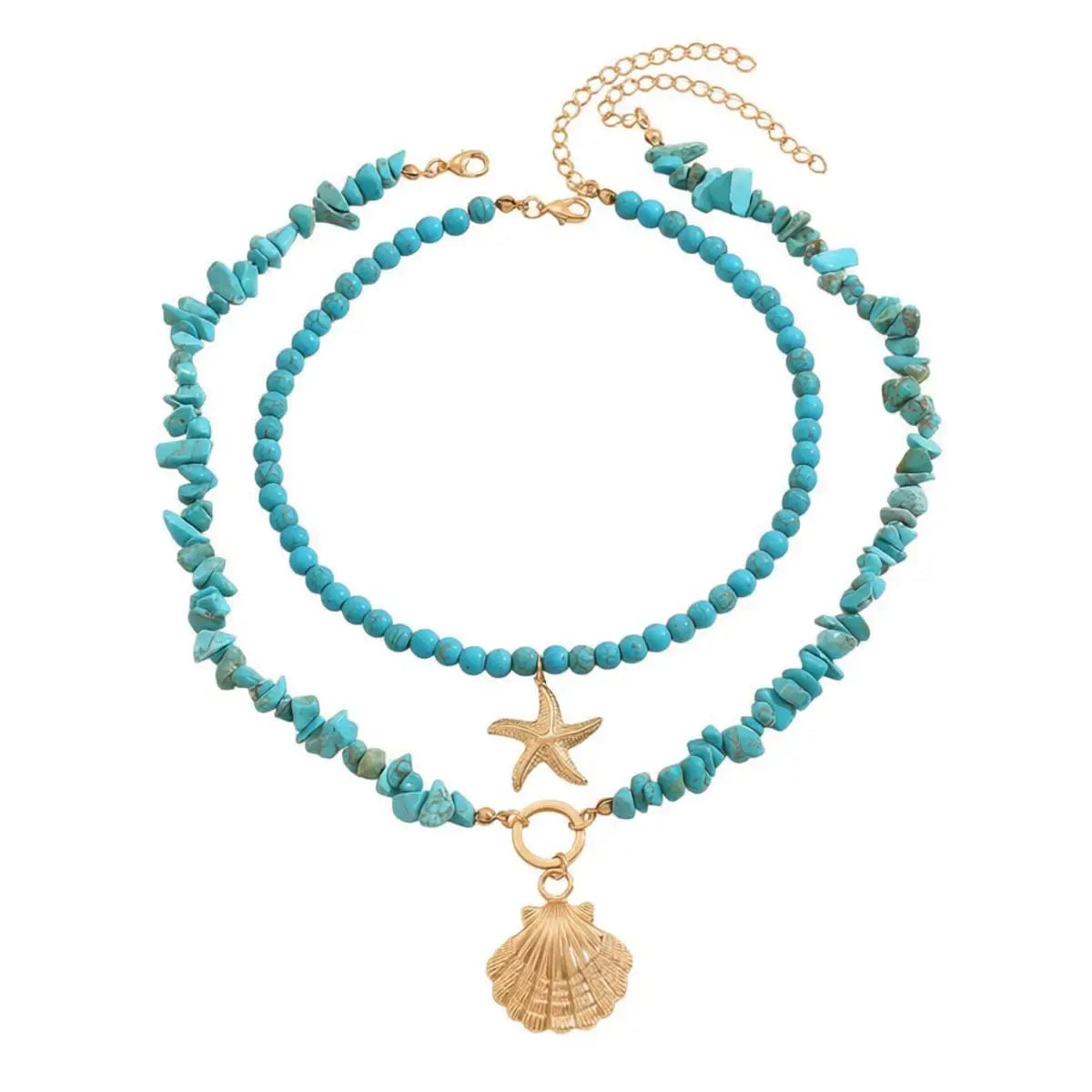 Turquoise Seashell Starfish Layered Choker Set Jewelry