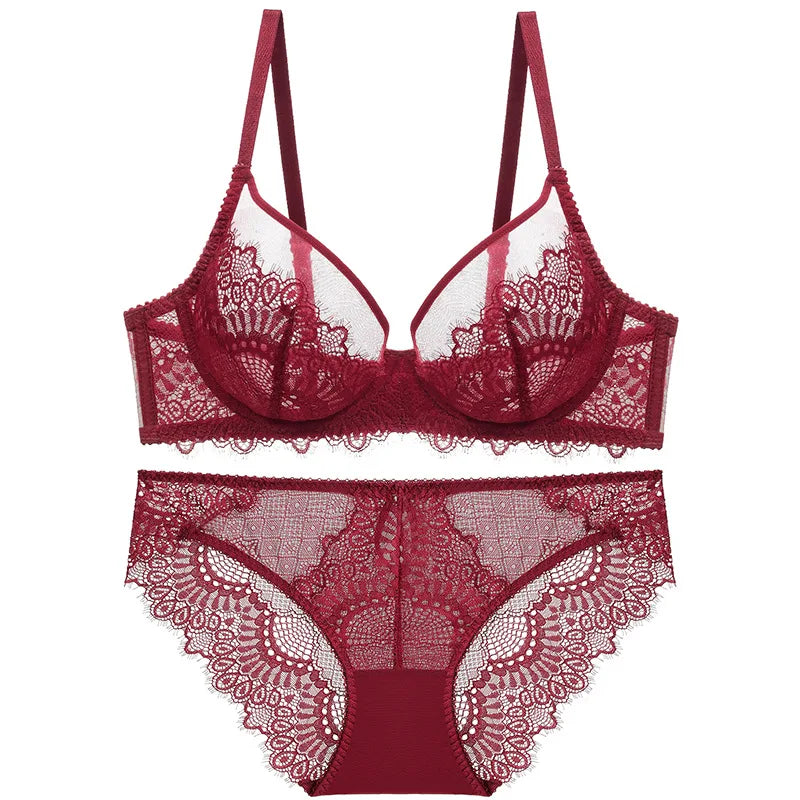 Logirlve Sexy Brassiere Transparent Ultrathin Bra Panty Set Push up Embroidery Underwear Set Plus Size Bras Women Lace Lingerie - Charlie Dolly