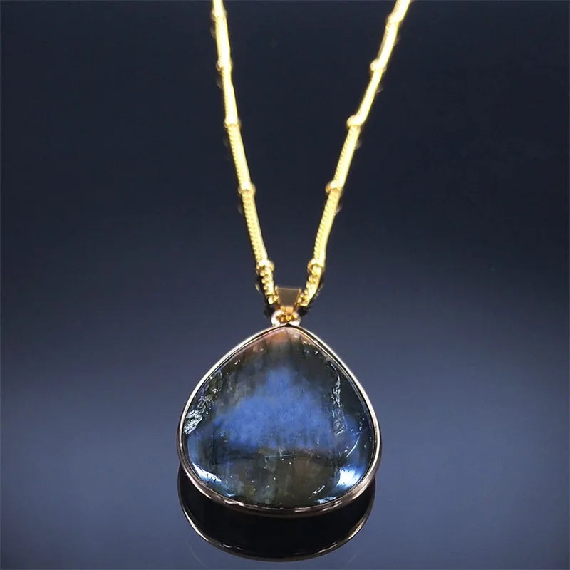 Boho Blue Labradorite Palm Necklace Water Drop Natural Healing Gem Stones Pendant Necklaces Reiki Moonstone Energy Jewelry NHH31 - Charlie Dolly
