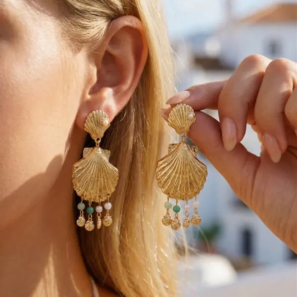 Pearl and Seashell Clustered Tassel Dangle Earrings