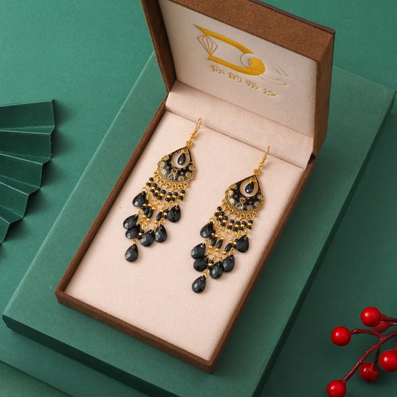 Acrylic Waterdrop Bead Tassel Long Earrings Jewelry