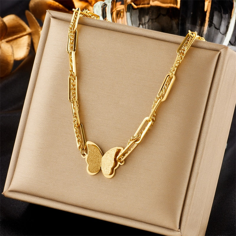 DIEYURO 316L Stainless Steel Butterfly Moon Lock Blue Eyes Pendant Necklace For Women Multilayer Choker Chain Jewelry Gifts - Charlie Dolly