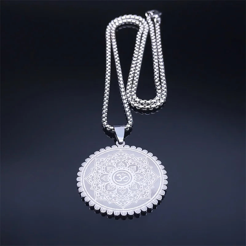 Om Lotus Mandala Yoga Necklace, Stainless Steel Buddhist Amulet
